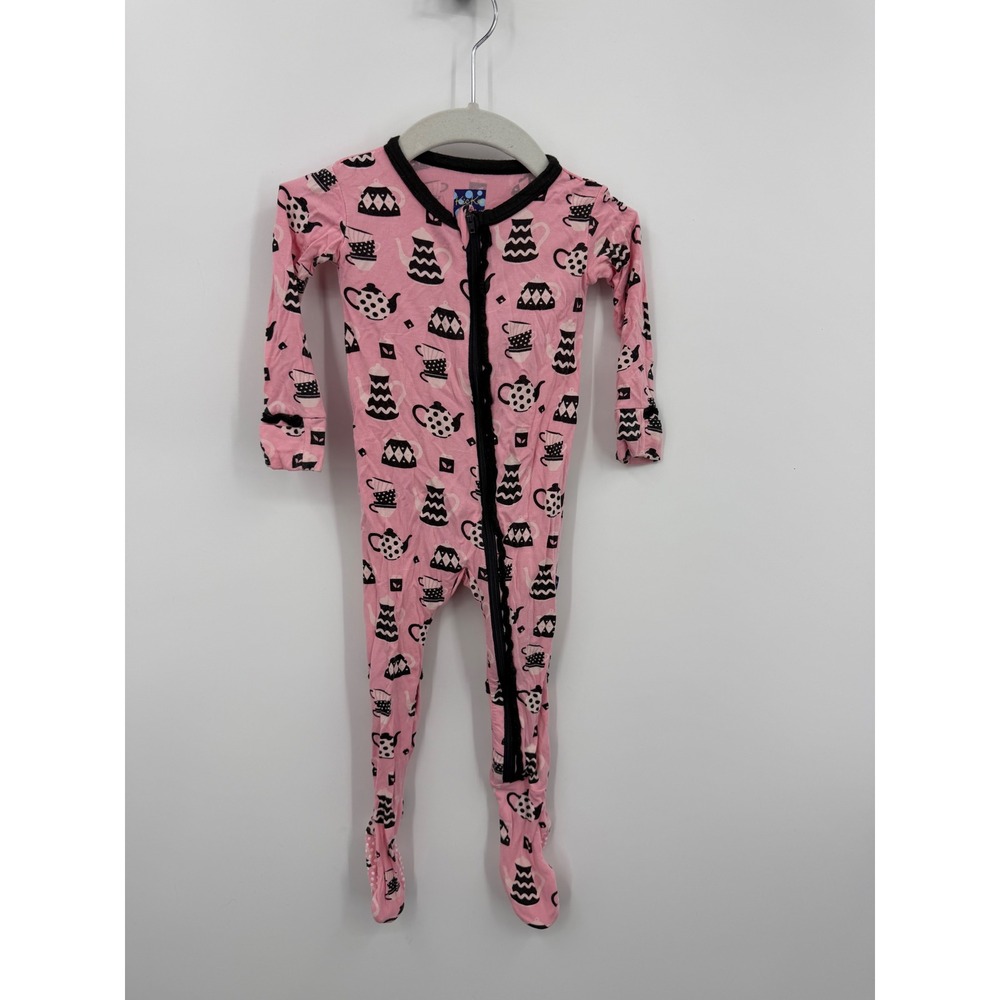 KicKee Pants Tea Party Footie Pajamas Baby 9-12 Months Pink Bamboo Ruffle Zip